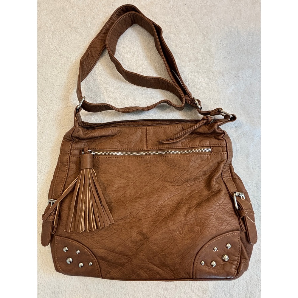 G.A.L. Brownโ Faux Leather Crossbody Bag Studded Tassel Accent Adjustable Strap
